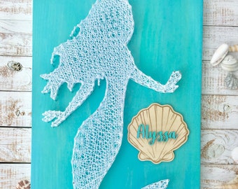 Mermaid String Art Name Sign, Personalized Mermaid Wall Art, Mermaid Nursary, Little Girls Mermaid Room Decor