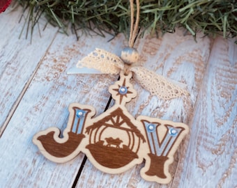 Wooden Joy Christmas Ornament, Nativity Ornament, Handmade Nativity Ornament, Secret Santa Gift, 10 Dollar Gift, White Elephant Gift