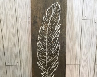 Feather Wall Art, Bohemian Wall Decor, White Feather String Art, Boho Wall Decor, Vertical Wall Art, Grey and White Wall Decor