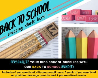 Personalized Back To School Bundle, Pencil Pouch, Custom Pencils, Pink Erasers, Back to School Essential Set, Back To School Gift