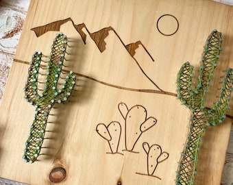 Desert Mountain Wall Art, Mountain Wall Art, Cactus String Art, Southwest Wood Art,  Cactus Nursery Decor, Wood Burning, Cactus Decor