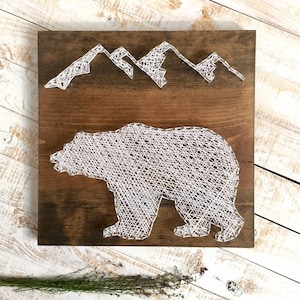 Woodland Bear with Mountain,  String Art Bear, Rustic Nature Art, Mountain Decor, Mountain Decor,  Wildernesses Nursery, Explorer Nursery Ar
