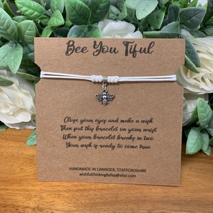 String Wish Bracelet with Bee Charm, Polyester Cord, Wish Quote