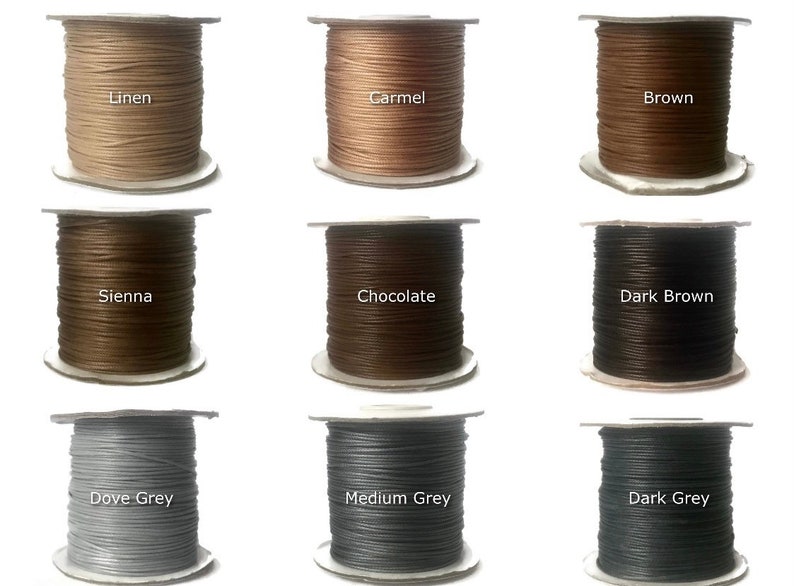 May include: Nine spools of waxed cotton cord in various colors, including linen, caramel, brown, sienna, chocolate, dark brown, dove grey, medium grey, and dark grey.