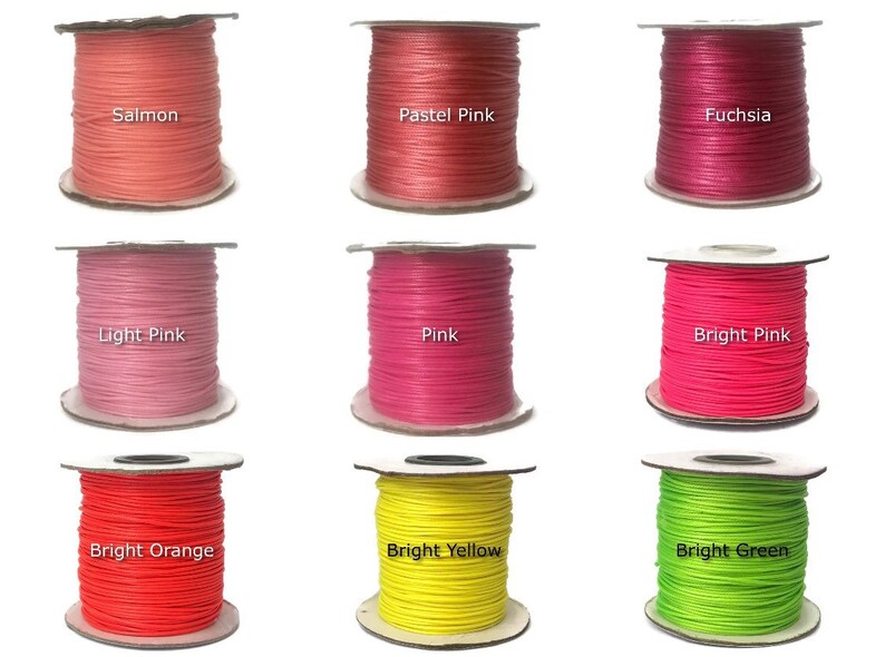 May include: Nine spools of waxed cotton cord in various colors, including salmon, pastel pink, fuchsia, light pink, pink, bright pink, bright orange, bright yellow, and bright green.