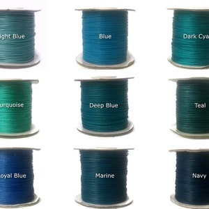 May include: Nine spools of waxed cotton cord in various shades of blue and teal. The colors are: Light Blue, Blue, Dark Cyan, Turquoise, Deep Blue, Teal, Royal Blue, Marine, and Navy.