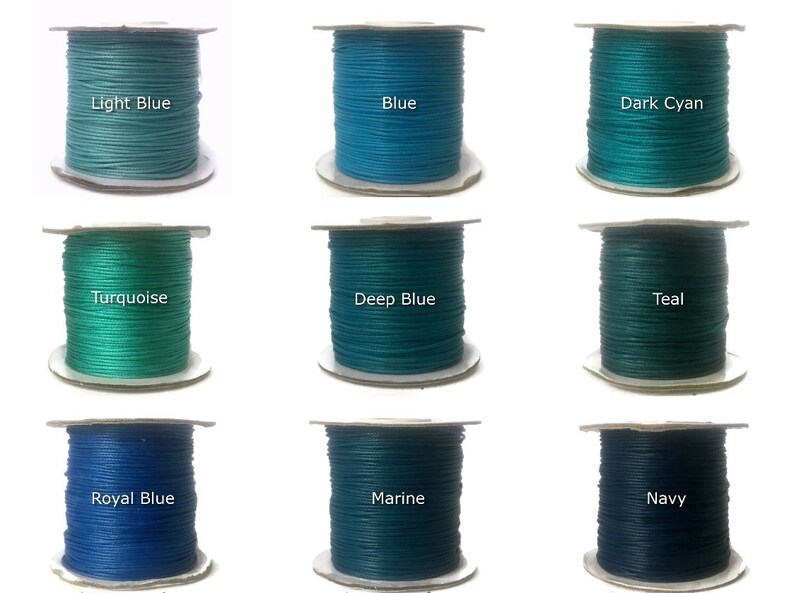May include: Nine spools of waxed cotton cord in various shades of blue and teal. The colors are: Light Blue, Blue, Dark Cyan, Turquoise, Deep Blue, Teal, Royal Blue, Marine, and Navy.
