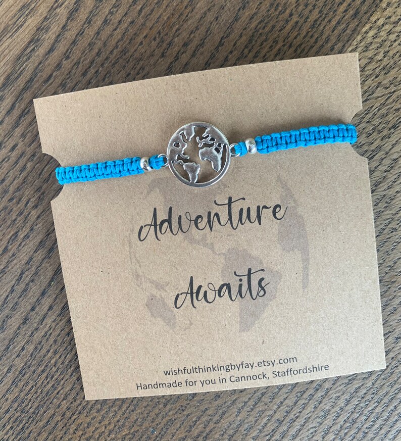 World Map Friendship Bracelet, Waterproof cord, Adventure Awaits Quote, Globe Charm, Gap Year Gift, image 3