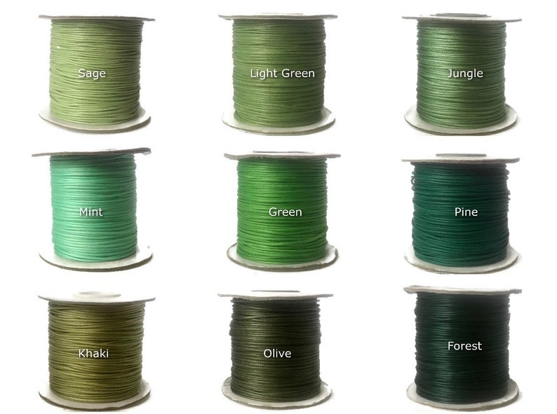 May include: Nine spools of waxed cotton cord in various shades of green, including Sage, Light Green, Jungle, Mint, Green, Pine, Khaki, Olive, and Forest.
