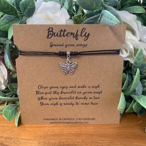 Bracciale Wish con ciondolo a forma di farfalla, cordino in poliestere impermeabile, citazione del desiderio