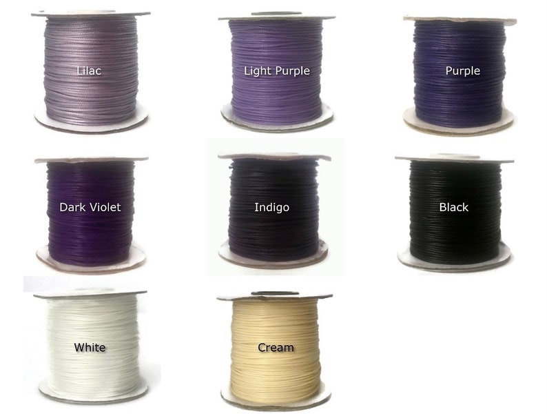 May include: Nine spools of waxed cotton cord in various colors, including lilac, light purple, purple, dark violet, indigo, black, white, and cream.