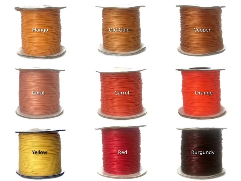 May include: Nine spools of waxed cotton cord in various colors, including mango, old gold, copper, coral, carrot, orange, yellow, red, and burgundy.