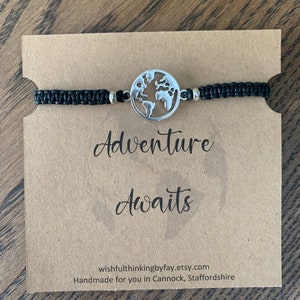 World Map Friendship Bracelet, Waterproof cord, Adventure Awaits Quote, Globe Charm, Gap Year Gift, image 2