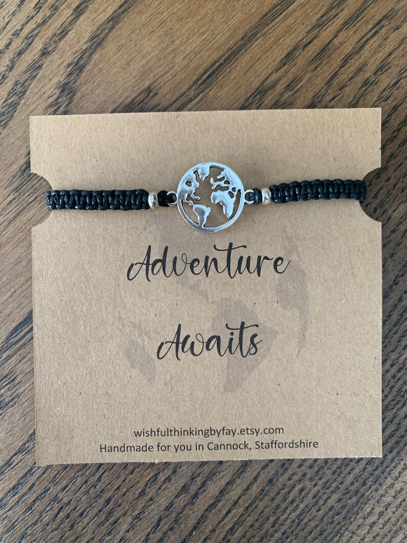 World Map Friendship Bracelet, Waterproof cord, Adventure Awaits Quote, Globe Charm, Gap Year Gift, image 2