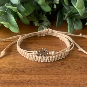 Set of 2 friendship Bracelets, macrame square knot WATERPROOF surf bracelet with Cute flower charm string bracelet, BBFF, Over 50 colours,