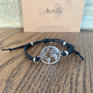 World Map Friendship Bracelet, Waterproof cord, Adventure Awaits Quote, Globe Charm, Gap Year Gift,