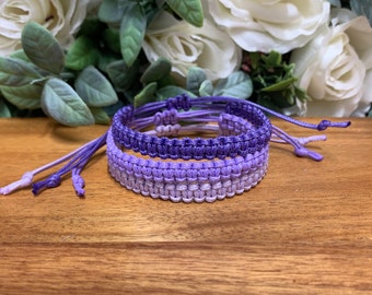 Set of 3 Waterproof Purple Surf Bracelets, Square Knot, Beach Jewellery, Knotted Bracelet, BFF, Fully Waterproof,