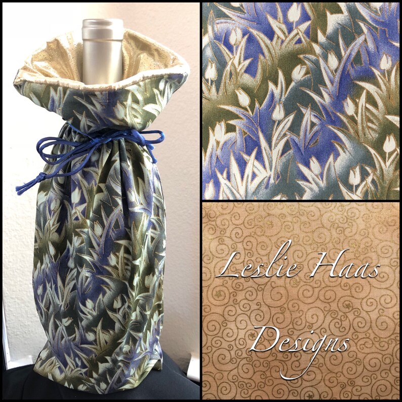 Medium Gift Bag GreenBlueGold GBM-41-500-M-LR10 Limited Edition Fabric Tulips Fully Lined with Gold Lam\u00e9