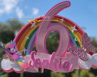 Adorno para pastel de unicornio, mariposa arcoíris y gatito, decoración personalizada para cumpleaños.