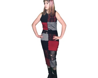 S-M Rotes und Schwarzes Patchwork Bodycon Midi Kleid