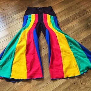 Sm. Rainbow Striped Bell Bottoms - Retro 70s Style Multi Colored Striped Jeans
