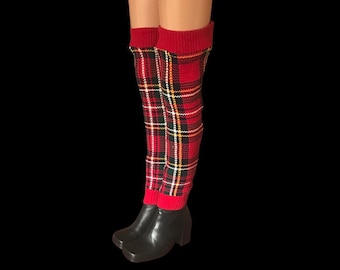 Red Plaid Knit Thigh High Leg Warmers