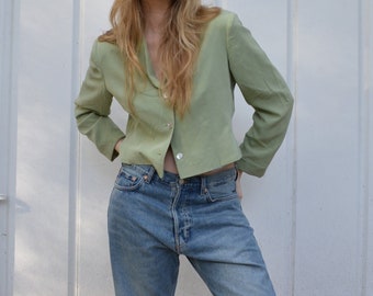 Vintage silk blazer / cropped silk blazer / silk green blazer / light green blazer / cropped blazer jacket / green blazer cropped