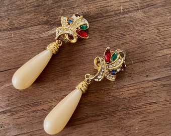 Vintage 1980s dangle earrings / 1980s rhinestone earrings / 1980s gold earrings / 1980s gold dangle earrings / madonna earrings / clip on