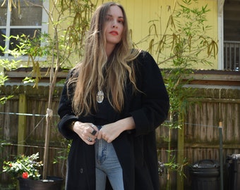 Boucle Patchwork Wool Coat Vintage 1980s Ukrainian Black n Gray Patch Nubby Wool Coat 80s Minimalist Oversized Boucle Wool Menswear Coat