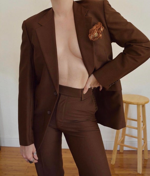 vintage retro suit / brown suit / womens brown sui