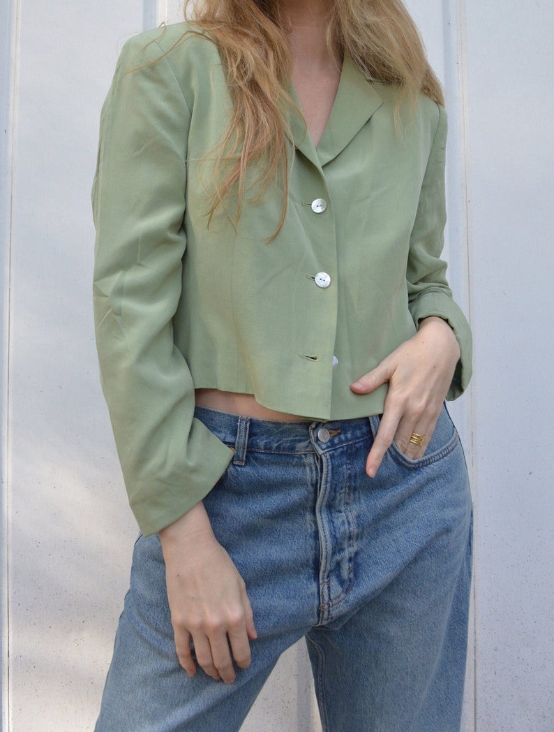 Vintage silk blazer / cropped silk blazer / silk green blazer / light green blazer / cropped blazer jacket / green blazer cropped image 2