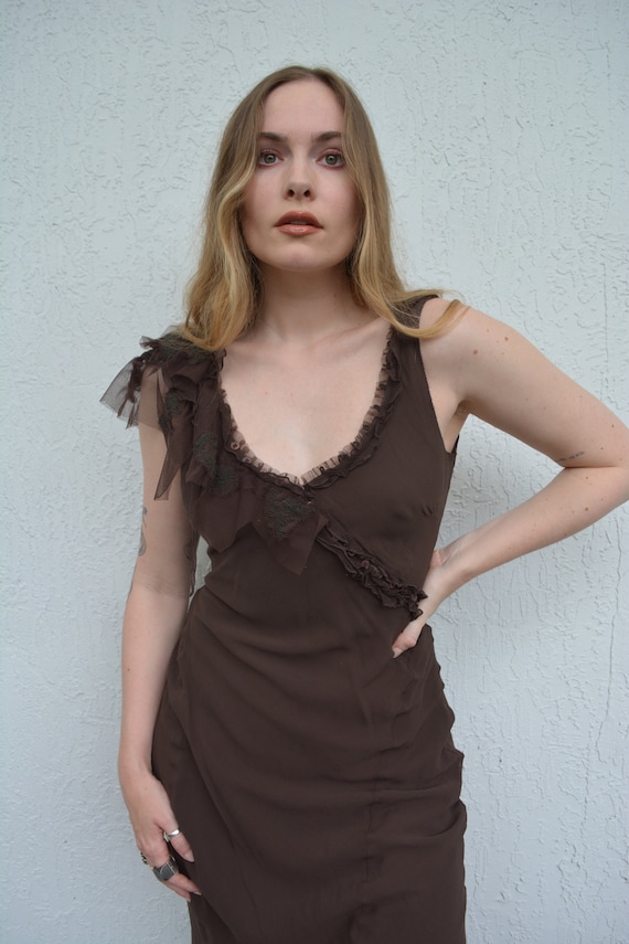 vintage silk dress / silk midi dress / brown midi