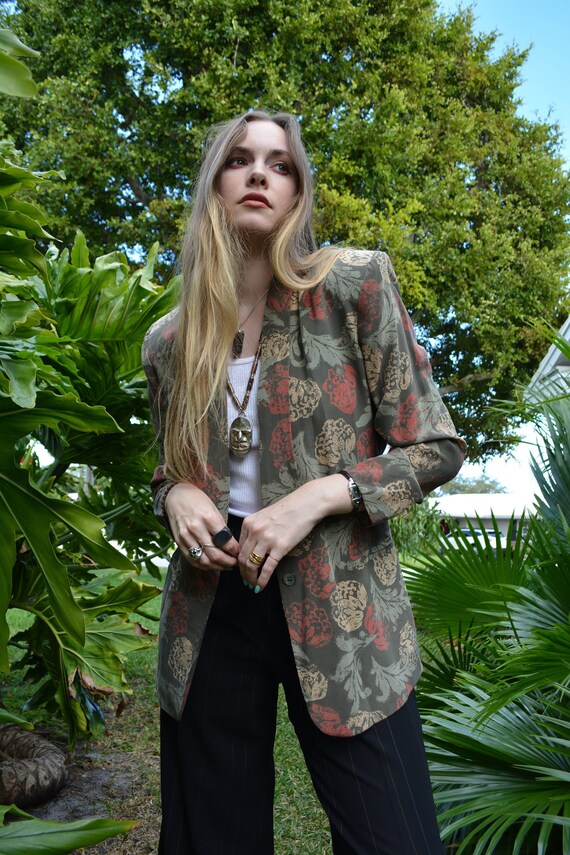and Scarf Set Belt Skirt Vintage 1980/'s Magenta Leaf Print Ensemble Vintage Matching Blouse