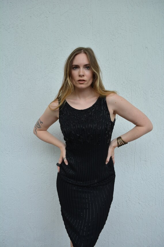 vintage silk dress / vintage sheath dress / black
