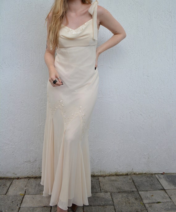vintage formal dress / ivory beaded dress / cream