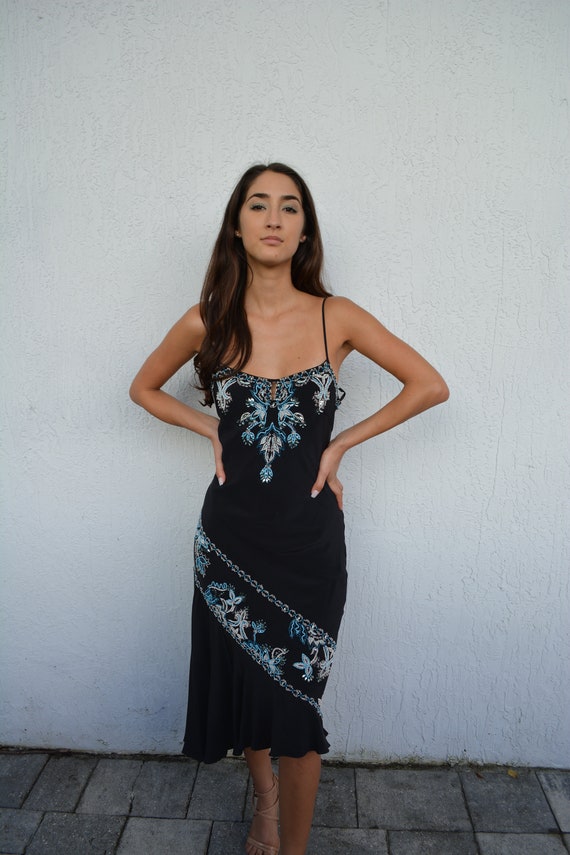 vintage black midi dress / black beaded dress / un