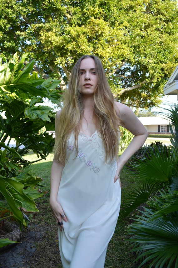 vintage cream slip dress / floral slip dress / flo