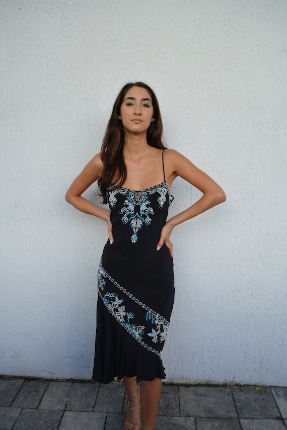 vintage black midi dress / black beaded dress / un