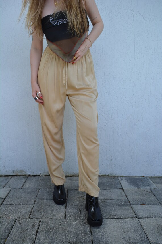 vintage trousers / tan trousers / vintage silk tro