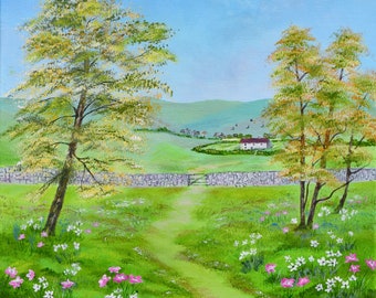 Landscape painting, Original Acrylic, trees, flowers, cottage, hills, countryside, wall art, decor