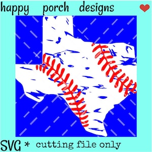 May include: A white outline of the state of Texas with a red baseball stitch design overlayed on top. The background is blue.