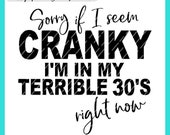 Sorry If I'm Cranky I'm in my Terrible 30s Right Now SVG PNG digital cut and print file, terrible 30s svg, 30th birthday svg png