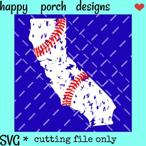 May include: A white outline of the state of California with a distressed look, filled with a red and white baseball design. The background is a blue and white checkered pattern.