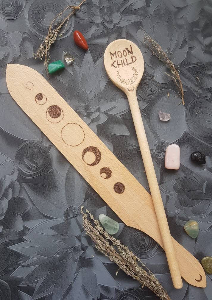Lot Cuillère et Spatule en Bois Pyrogravure Phases de La Lune