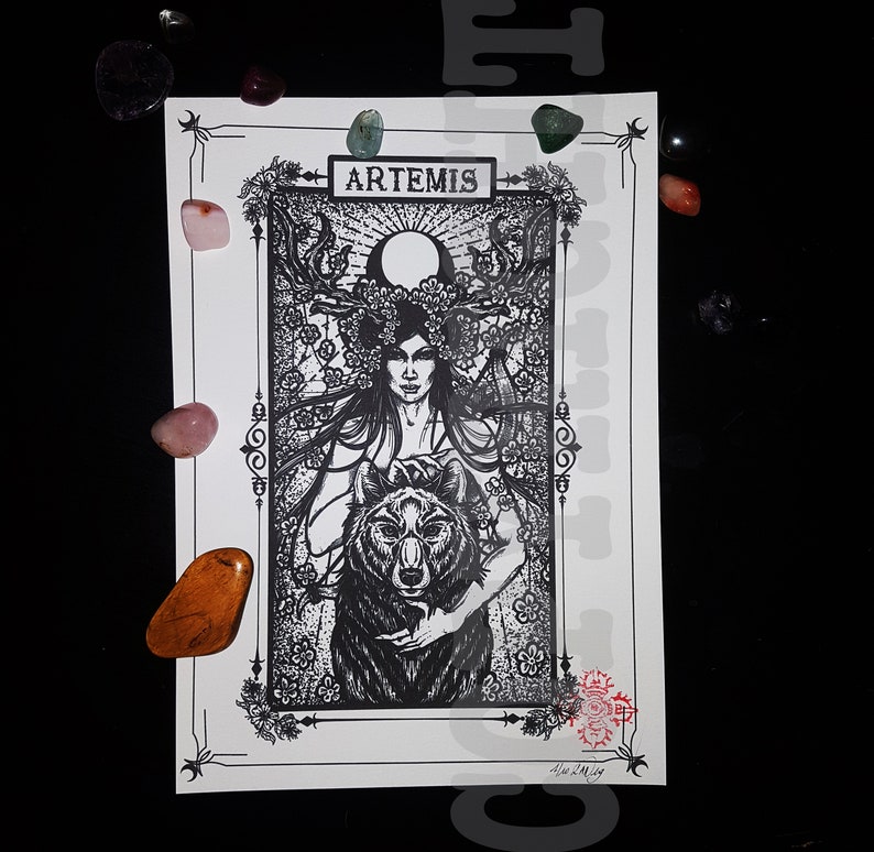 Artemis TATTOO PRINT ,illustration ,occult ,pagan ,gothic,viking,god, , goddess , myth ,witchcraft ,esoteric,darkart,deco