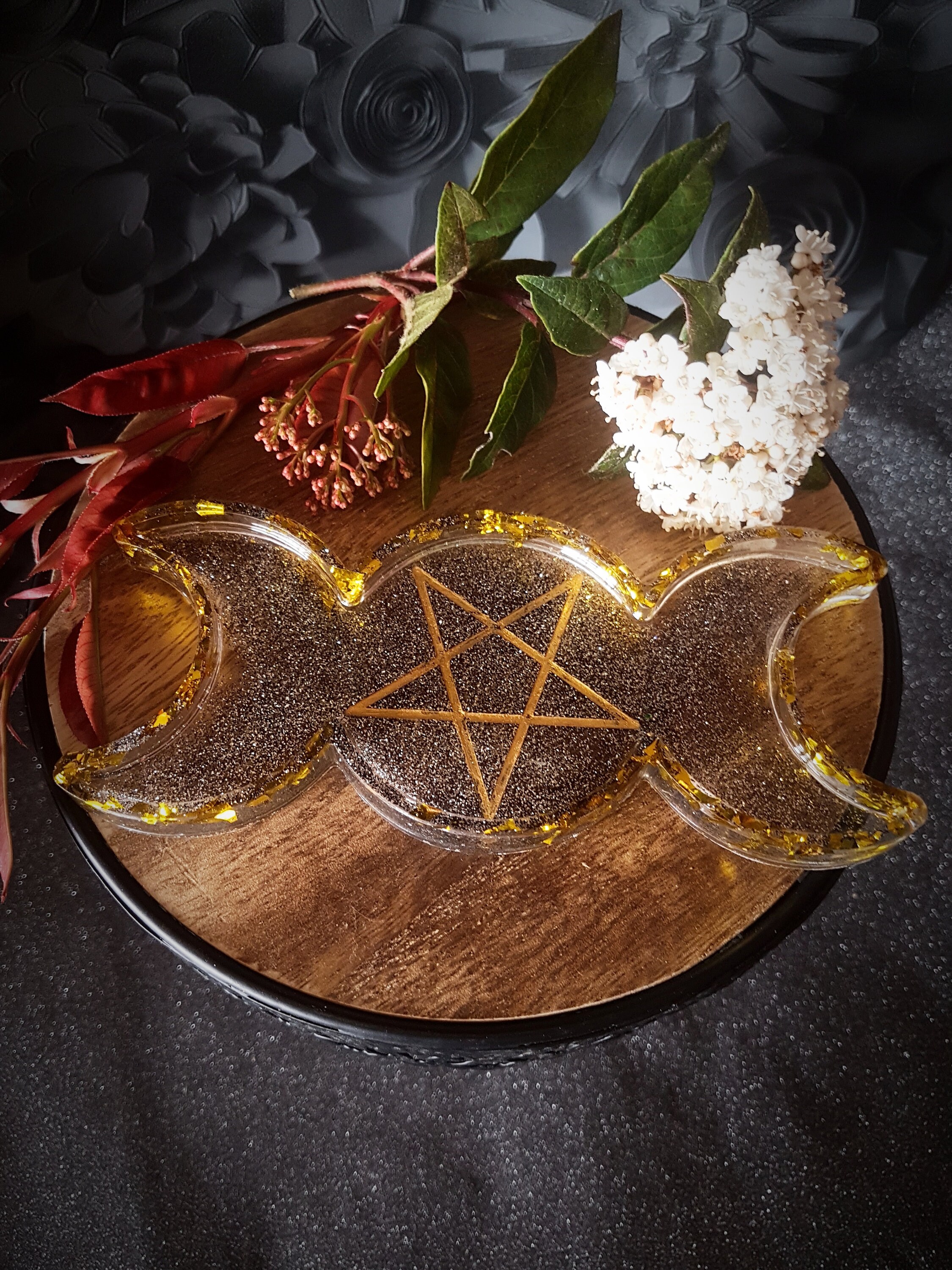 Plateau Vide Poches Triple Lune et Pentagramme à Paillettes Noir Or