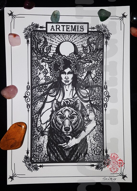 Artemis TATTOO PRINT ,illustration ,occult ,pagan ,gothic,viking,god, , goddess , myth ,witchcraft ,esoteric,darkart,deco