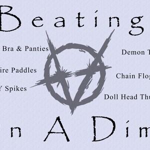 Puede incluir: Gr&aacute;fico textual con las palabras "Beatings On A Dime". La imagen enumera varios art&iacute;culos, incluyendo "Spiked Bra & Panties", "Vampire Paddles" y "Demon Tails".