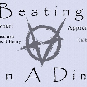 Puede incluir: Un fondo morado claro con las palabras "Beatings On A Dime" en una fuente manuscrita. El propietario es Shonsu aka James S Henry, y el aprendiz es Calla. Un gr&aacute;fico gris est&aacute; en el centro.