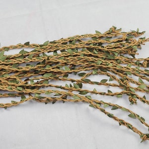 May include: A collection of multiple tan braided twine strands interwoven with small green fabric leaves. Each individual strand features a knotted end, creating a textured, vine-like appearance with a consistent brown and green color palette.